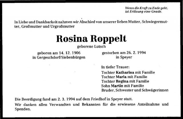 Lutsch Rosina 1906-1994 Todesanzeige